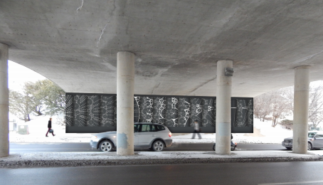 An early concept rendering of the proposed underpass art off Old University Ave