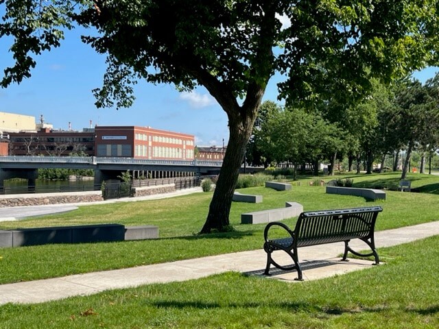 Veterans Memorial Park along the river in downtown Wisconsin Rapids, where weekly live music concerts are featured all summer long.